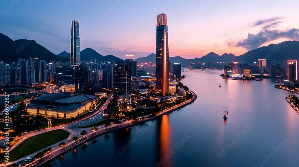 Fototapeta premium City Skyline at Sunset with River Reflections