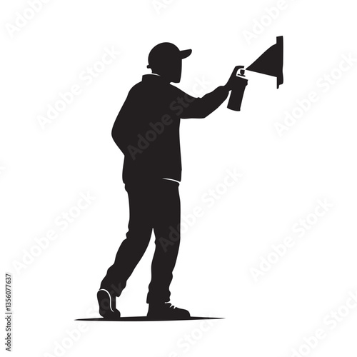 Silhouette of man painting graffiti art with spray can on wall vector image