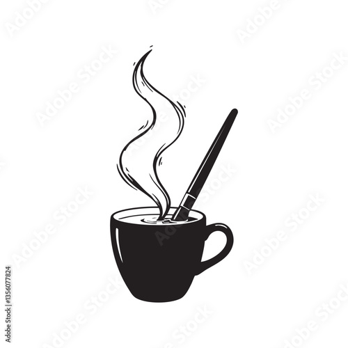Coffee and creativity concept black and white drawing with paintbrush in cup art