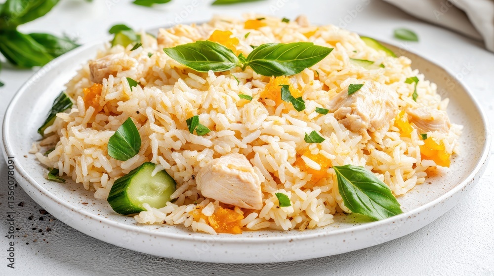 Fresh Chicken Rice Bowl with Basil and Vegetables on White Background Fresh Chicken Rice Bowl with Basil and Vegetables on White Background