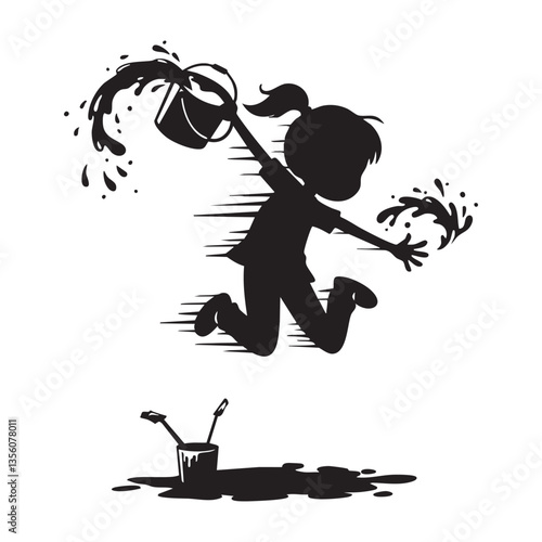 Silhouette of girl jumping with paint bucket playful art black and white fun