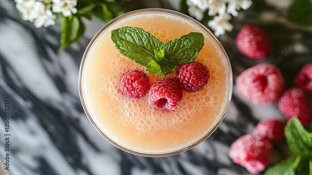 Top-down view of raspberry lemonade with fresh raspberries and mint in a glass. Top-down view of raspberry lemonade with fresh raspberries and mint in a glass.