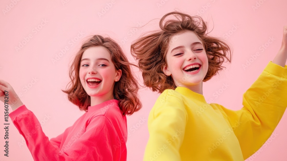 Girls laughing with colorful sweaters Girls laughing with colorful sweaters
