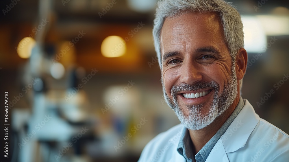 Fototapeta premium Smiling veterinarian in white coat, radiating warmth and professionalism, embodying compassionate care for animals.
