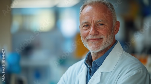 Smiling veterinarian in white coat, radiating warmth and professionalism, embodying compassionate care for animals.