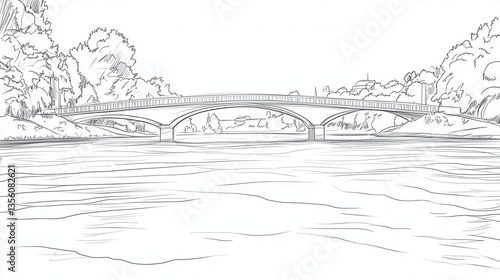 Wallpaper Mural Sketch of a Scenic Bridge Over Calm Water Surrounded by Lush Trees and Gentle Hills in a Serene Natural Landscape Torontodigital.ca
