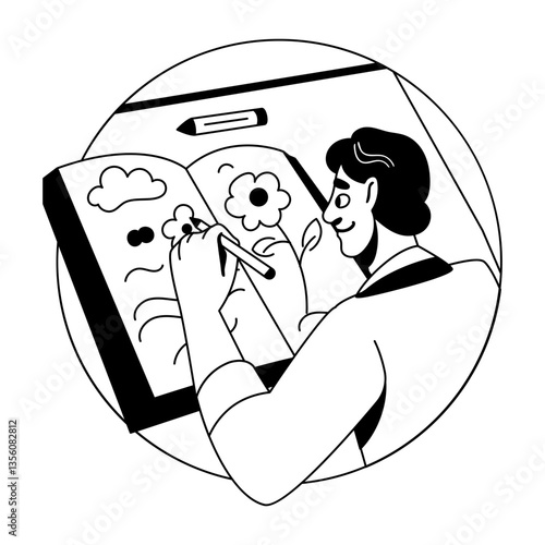 A glyph illustration of a character making hand drawing on a sketchbook 