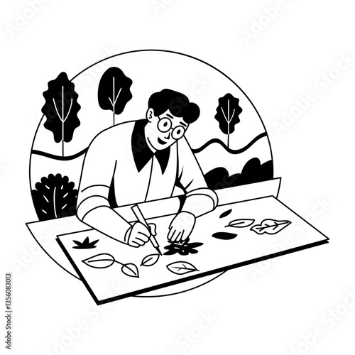 A glyph illustration of a character making leaf artwork 