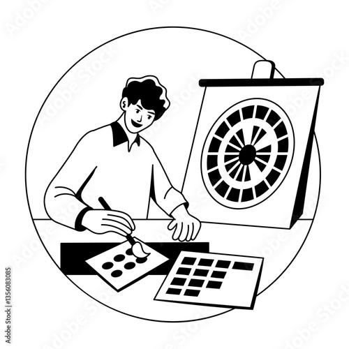 A glyph illustration of a character making an art with colour combination technique 