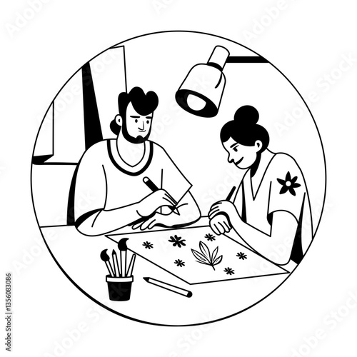 A glyph illustration of an artist sketching tattoo on a paper 