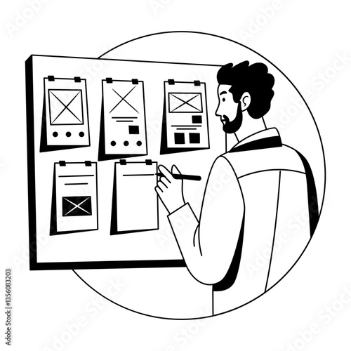 A glyph illustration of a character making wireframe design 