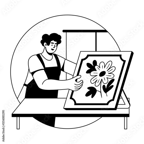 A glyph illustration of a character making flower painting 