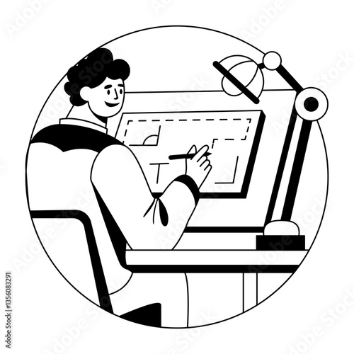 A glyph illustration of a character Blueprinting a design with pencil 