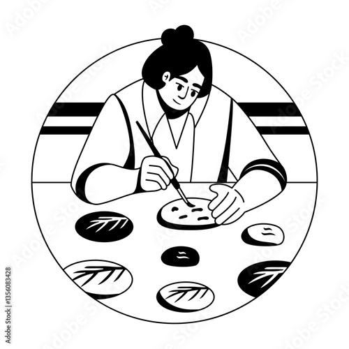 A glyph illustration of a character making stone painting 