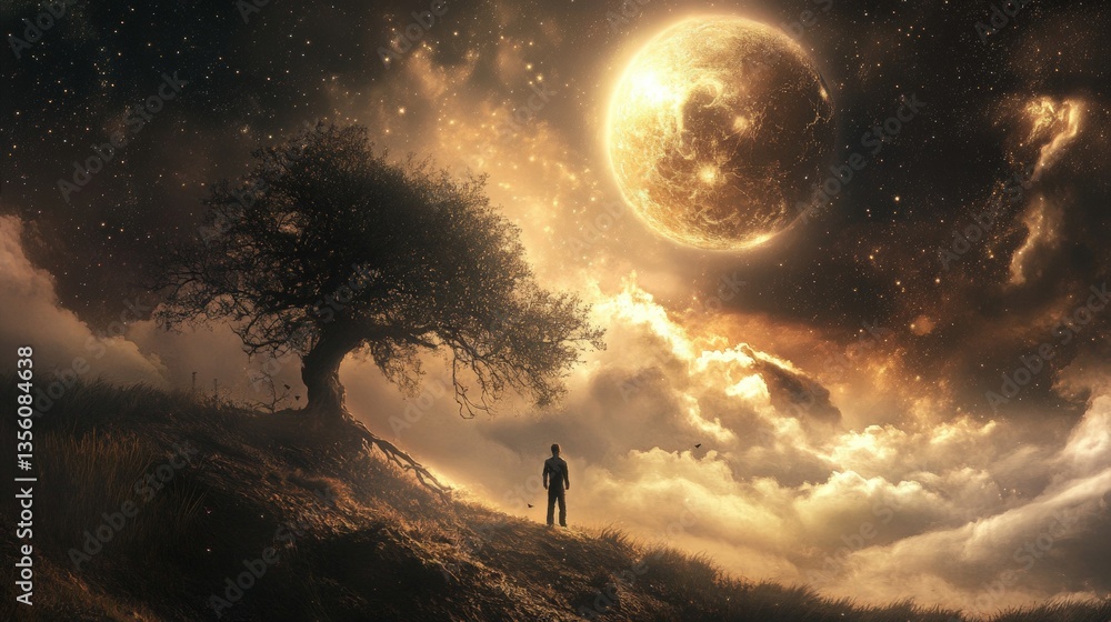 Fototapeta premium Silhouette of a man standing on a hill with a large moon in the sky