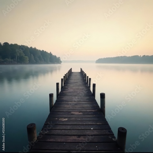 Misty morning, aged pier extending into calm water, blue, fog, lake
