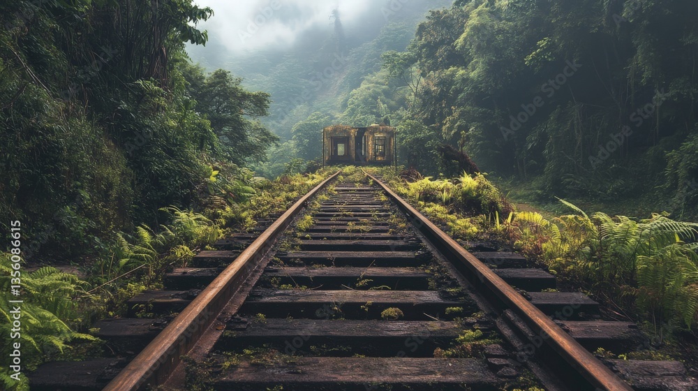 Fototapeta premium Rusty train tracks leading into a dense forest.