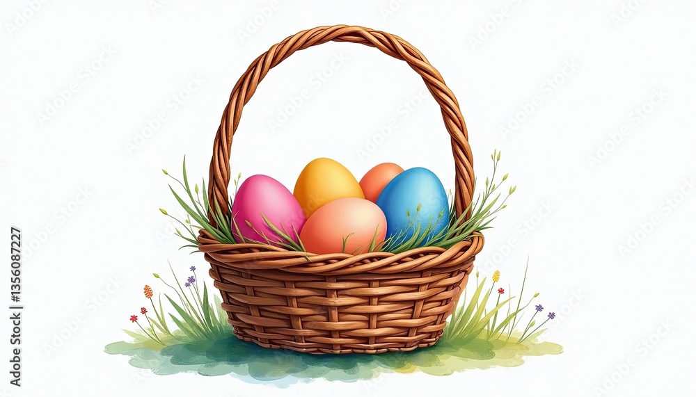 Vibrant Easter Scene: Colorful Eggs, Green Grass, and Wildflowers on White Background. A basket filled with colorful eggs sitting on top of grass. Vibrant Easter Scene: Colorful Eggs, Green Grass, and Wildflowers on White Background. A basket filled with colorful eggs sitting on top of grass.