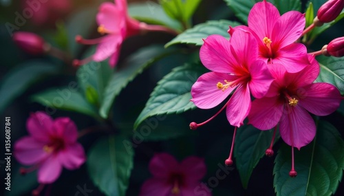 Vibrant fuchsia blossoms, intricate leafy details, tropical, petals