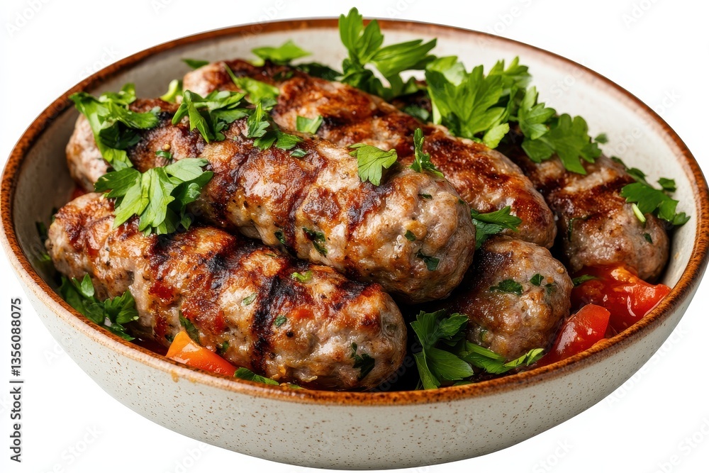 Savory Grilled Sausages with Fresh Parsley and Tomato Garnish in a Rustic Bowl Savory Grilled Sausages with Fresh Parsley and Tomato Garnish in a Rustic Bowl