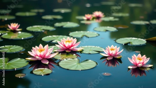 Water lilies form a repeating pattern across a still lake, serene, water, floral