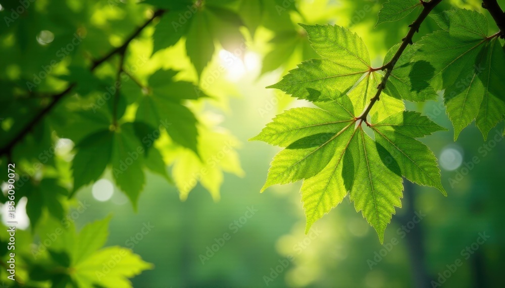 Sunlight dappling spring beech leaves, vibrant green canopy , green, scene, serene Sunlight dappling spring beech leaves, vibrant green canopy , green, scene, serene