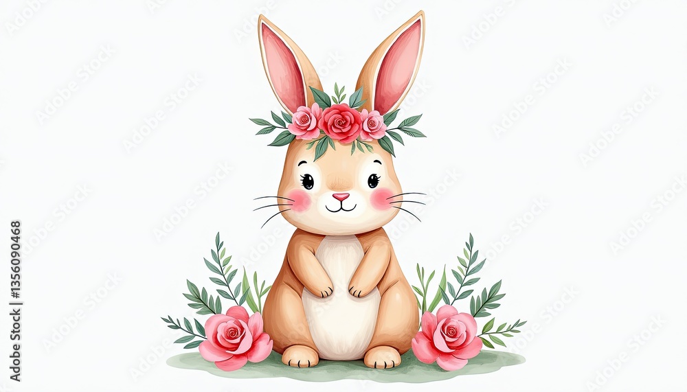 Obraz premium Cute Watercolor Bunny with Pink Floral Wreath and Roses Illustration