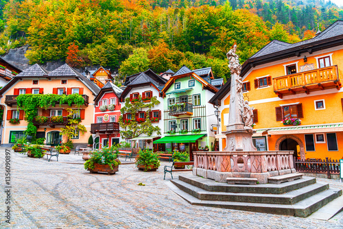 Hallstatt, Austria, Salzkammergut region: Morning view of Marktplatz Hallstatt, scenic village in world famous alpine village in Upper Austria, Europe