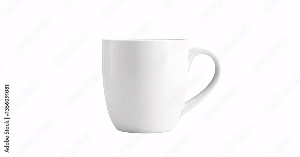 White ceramic mug with sleek, curved design and glossy surface, empty for logo or design placement. White ceramic mug with sleek, curved design and glossy surface, empty for logo or design placement.