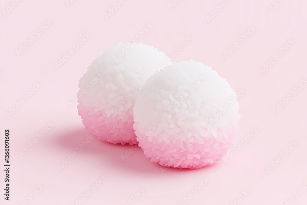 Two round, colorful rice balls. A close-up view of two small, spherical rice balls, with a gradient of white to pink on the outer layers. They appear freshly made and appealing Two round, colorful rice balls. A close-up view of two small, spherical rice balls, with a gradient of white to pink on the outer layers. They appear freshly made and appealing