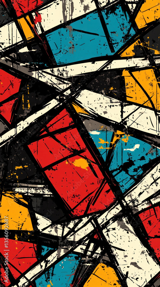 Fototapeta premium A colorful abstract painting with splatters of paint. The painting is made up of various shapes and colors, creating a sense of chaos and energy. The brushstrokes are bold and expressive