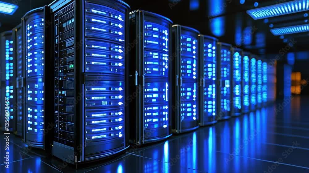 A visually striking server room filled with blue-lit technology, emphasizing high-performance computing and data storage. A visually striking server room filled with blue-lit technology, emphasizing high-performance computing and data storage.
