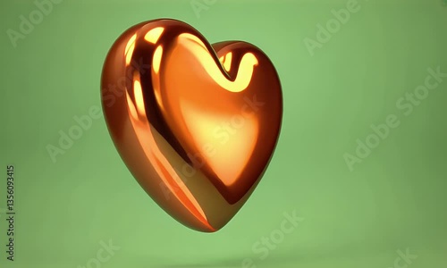 Vibrant gold 3d heart spinning smoothly with a mesmerizing shine, catching ambient light beautifully on a solid green background