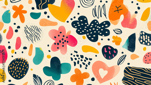 Playful and Vibrant Abstract Seamless Pattern with Hand-Drawn Shapes and Textures