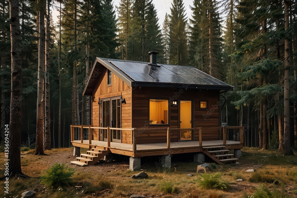 Eco-Friendly Tiny House with Solar Panels in a Serene Forest Eco-Friendly Tiny House with Solar Panels in a Serene Forest