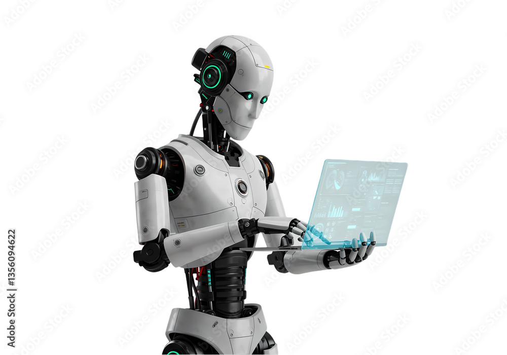 AI Robot using Laptop Futuristic Technology Image isolated on transparent background AI Robot using Laptop Futuristic Technology Image isolated on transparent background