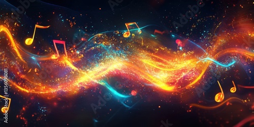 Musical Symphony: Abstract representation of musical notes dancing in a vibrant, multicolored cosmic display, reflecting the power and energy of music.