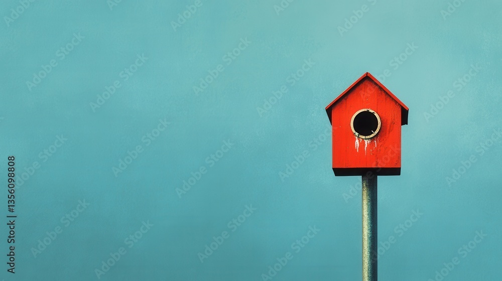Vibrant Red Birdhouse Standing Alone Against a Soft Blue Sky Background with Space for Text and Design Elements