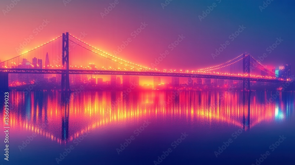 Fototapeta premium Vibrant Nightscape of Illuminated Bridge Reflecting in Calm Water with Colorful City Skyline in Background