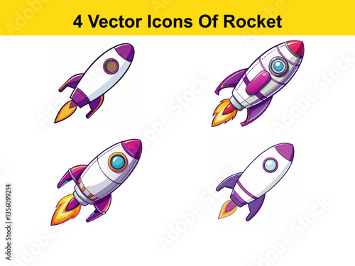 space shuttle launch Cartoon Toy rocket Set Vector Icons boosters with Flames and Windows Shooting Upward in outer space