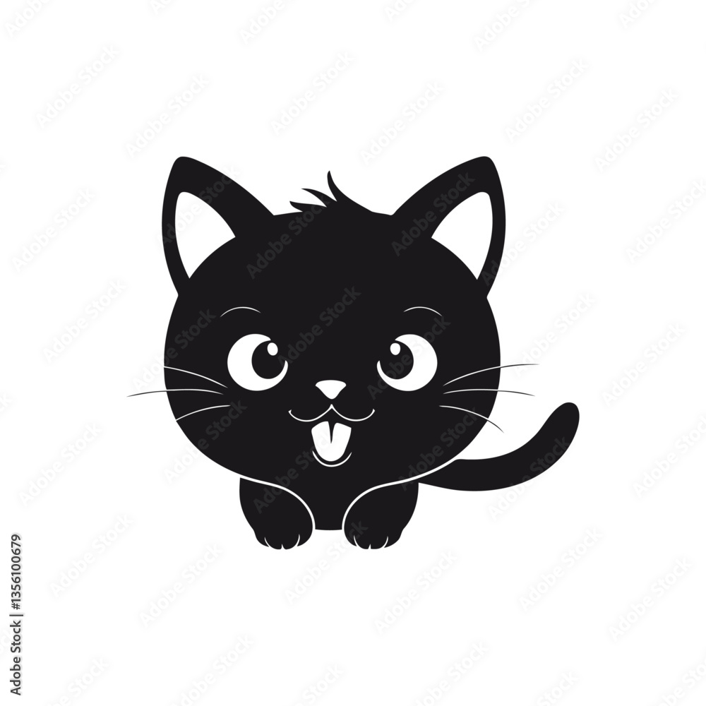 A black and white vector silhouette of a baby cat with a joyful grin, full of energy and cuteness on a white background A black and white vector silhouette of a baby cat with a joyful grin, full of energy and cuteness on a white background