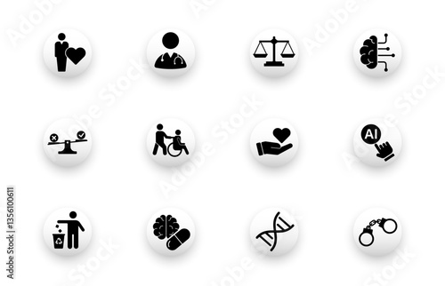 Solid vector icon set with icons of ethics, justice, AI ethics, bio research, consciousness.