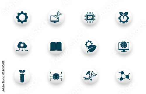 Solid vector icon set with biotech, brain chip, gene technology, neuron icons.