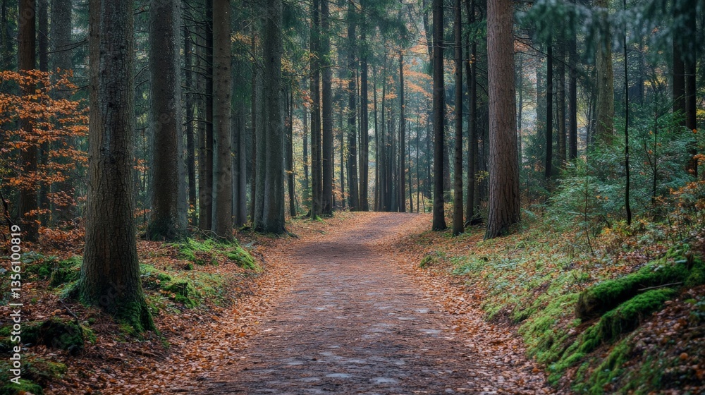 Obraz premium Forest path leading to a clearing in a misty, autumnal forest