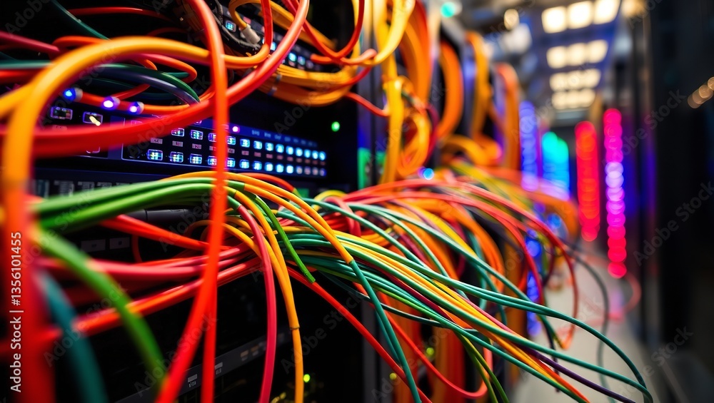 A vibrant tapestry of interconnected cables, a mesmerizing network of digital pathways humming with unseen energy, glowing subtly in the dark server room. A vibrant tapestry of interconnected cables, a mesmerizing network of digital pathways humming with unseen energy, glowing subtly in the dark server room.
