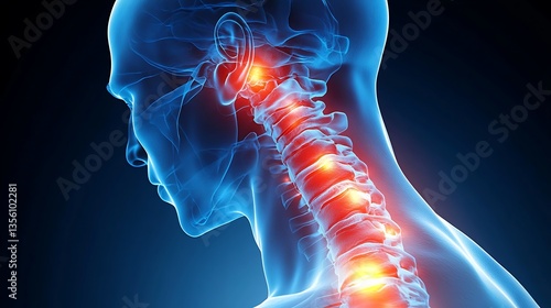 A side-view medical visualization of a pinched nerve in the neck, spinal misalignment causing red inflamed nerve pressure points, x-ray transparency, smooth blue medical background,