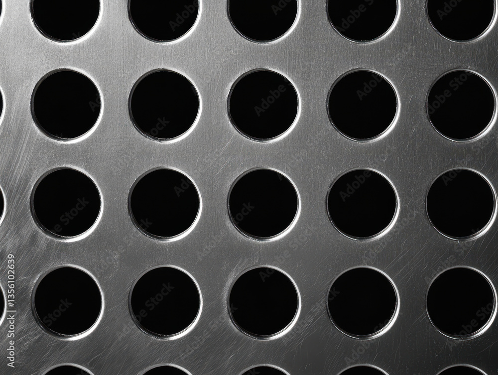 Metal texture close up shot of perforated aluminum plate showcasing circular holes, creating modern and industrial feel Metal texture close up shot of perforated aluminum plate showcasing circular holes, creating modern and industrial feel