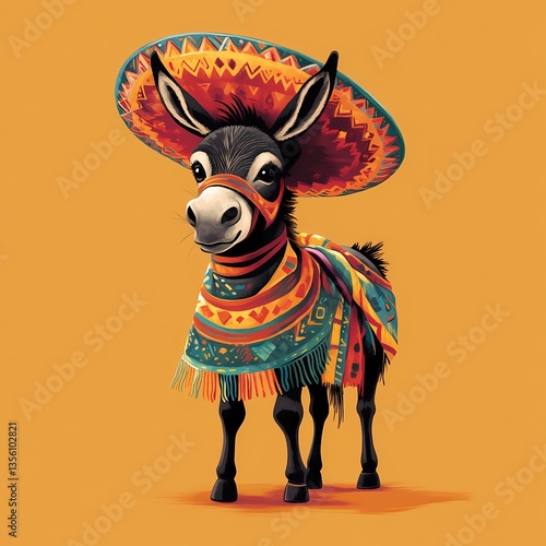 Cute donkey dressed in colorful traditional attire with a sombrero against a vibrant orange background