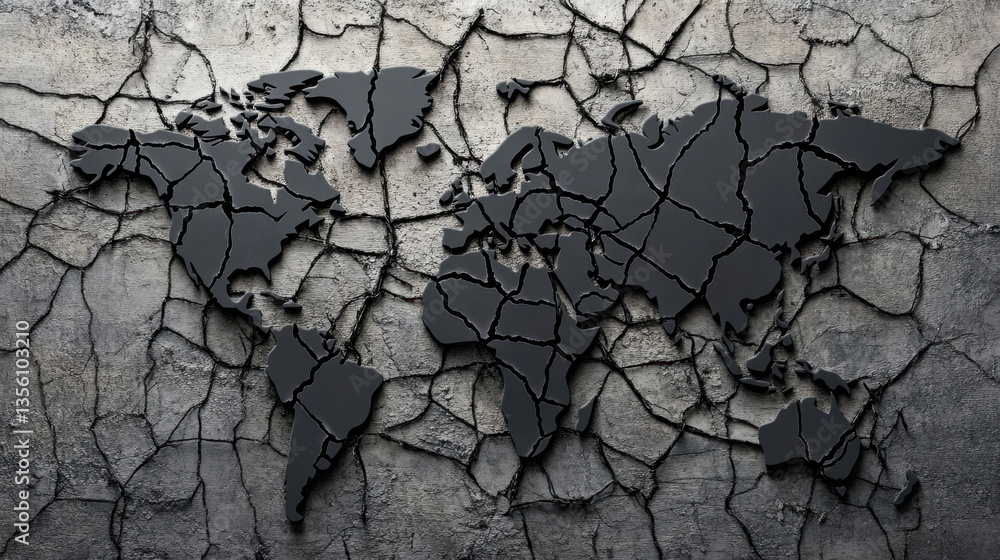 cracked world map on textured concrete wall symbolizes global fragmentation and challenges in international relations. dark cracks create dramatic visual impact cracked world map on textured concrete wall symbolizes global fragmentation and challenges in international relations. dark cracks create dramatic visual impact