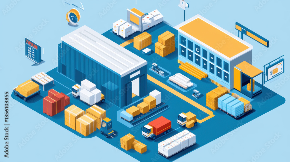 vibrant illustration of logistics hub showcases bustling supply chain operation with trucks, warehouses, and shipping containers. scene highlights efficiency and organization of modern logistics vibrant illustration of logistics hub showcases bustling supply chain operation with trucks, warehouses, and shipping containers. scene highlights efficiency and organization of modern logistics